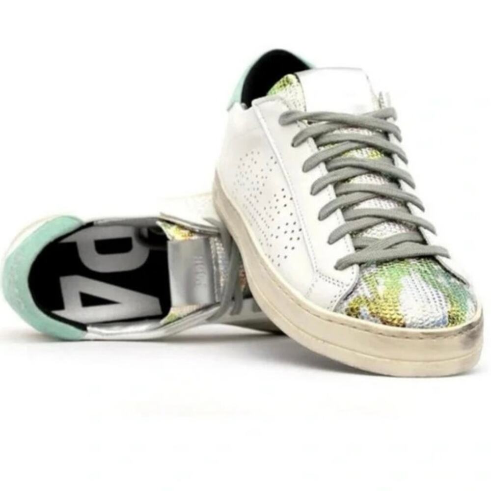 P448 John Low Top Metallic Snakeskin Sneaker Size 39 White Green Orange